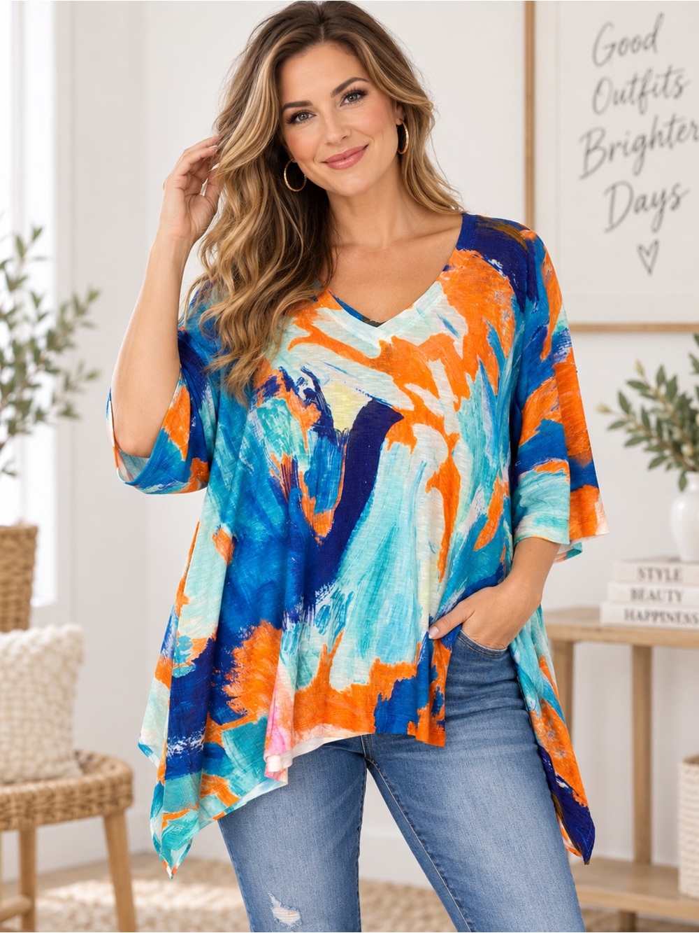 NALLY & MILLIE V NECK TUNIC ABSTRACT ART TO WEAR SHORT SLEEVE TOP ORANGE BLUE
